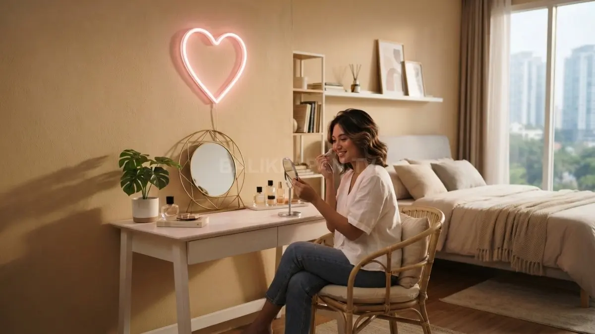 Simbol hati bercahaya menjadi aksen manis untuk kamar personal dengan furnitur minimalis dan warna lembut (BTV/AI)