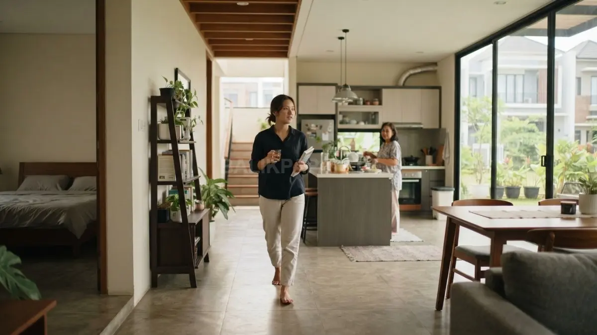 Tata ruang rumah membentuk jalur sirkulasi penghuni melalui posisi pintu, furnitur, bukaan, dan koridor sehari-hari. (BTV/AI)