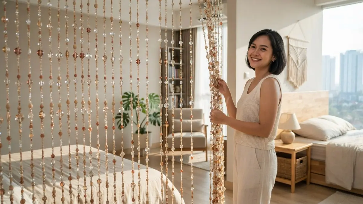 Tirai manik-manik menjadi pembatas kamar ringan yang menghadirkan warna, tekstur, dan kilau dekoratif. (BTV/AI)
