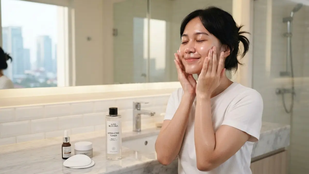 Toner hydrating membantu menjaga kelembapan kulit, terutama ketika terasa kering dan tertarik setelah mencuci wajah (BTV/AI).