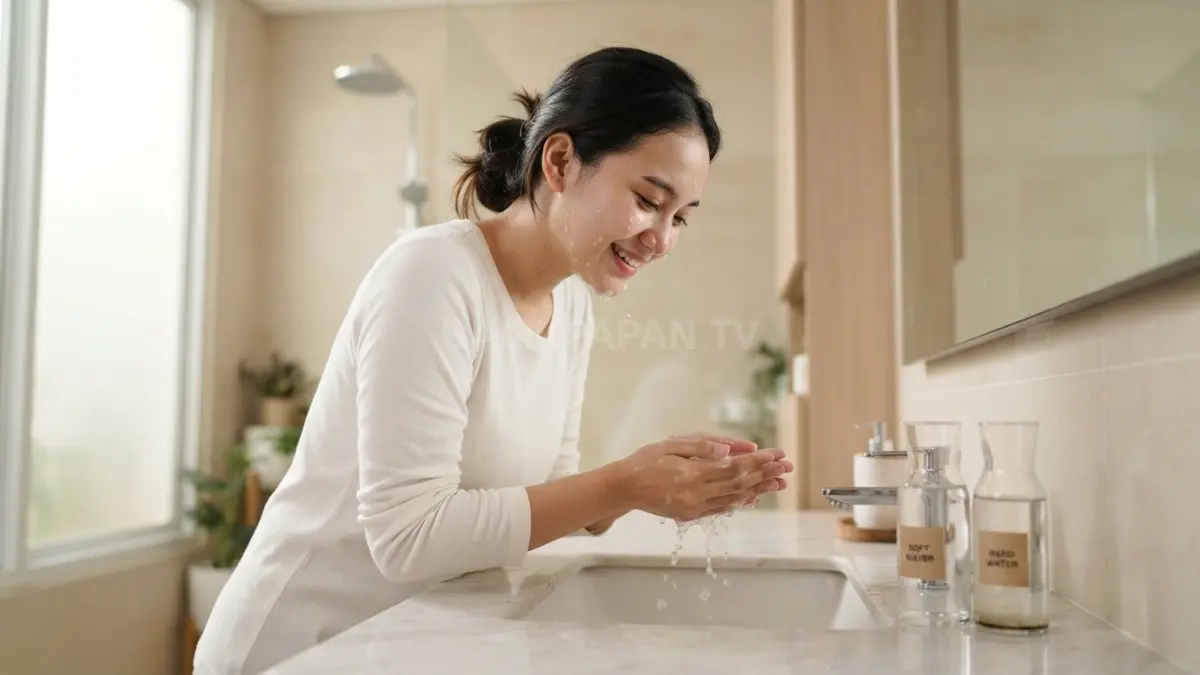 Visual edukasi perawatan wajah menggunakan pembersih lembut untuk membandingkan dampak jenis air. (BTV/Ai)