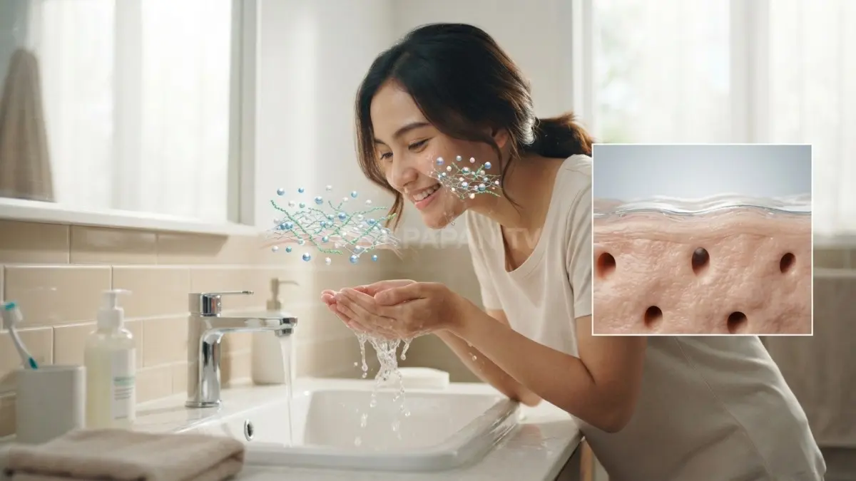 Visualisasi interaksi mineral air sadah dan sisa pembersih pada permukaan kulit wajah. (BTV/Ai)