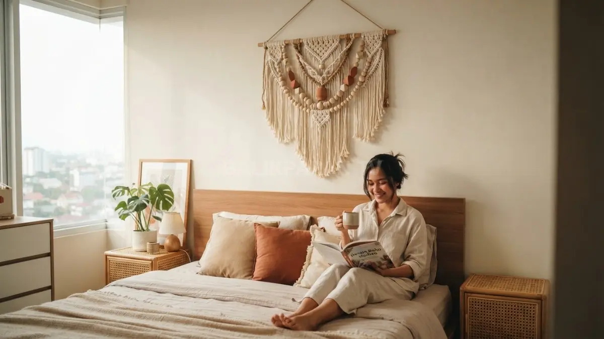 Wall hanging manik-manik kayu dan macrame menghadirkan aksen boho hangat dengan tekstur alami pada dinding kamar tidur (BTV/AI)