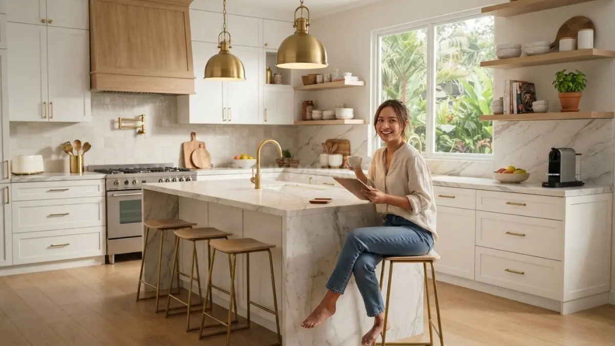 Dapur putih bergaya transitional menghadirkan aksen brass, kayu natural, dan tanaman hijau untuk suasana elegan serta hangat (BTV/AI)