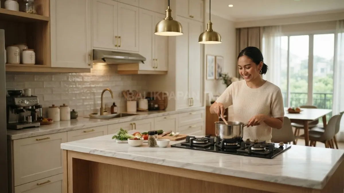 Dapur transitional memadukan kabinet shaker, kayu oak, marmer, brass, dan warna netral elegan untuk kehangatan (BTV/AI)