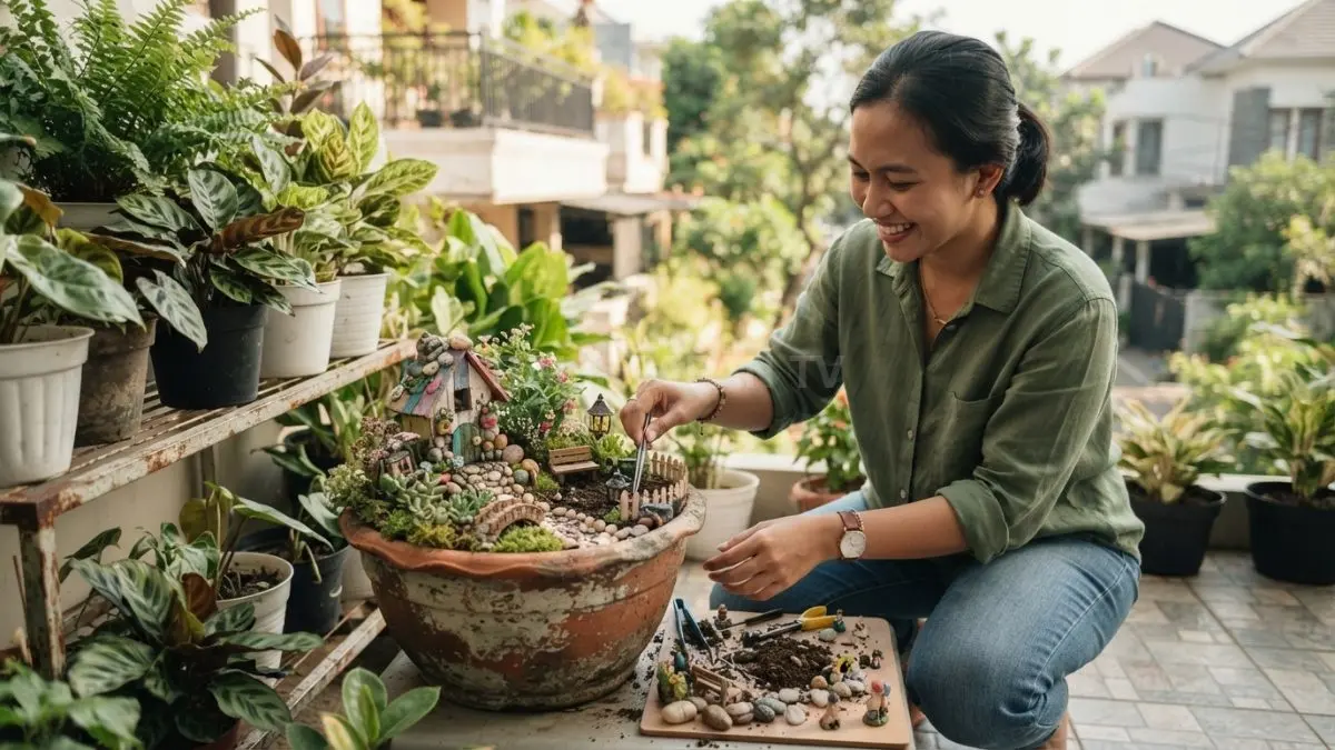 Fairy garden dari pot bekas menghadirkan taman mini kreatif, cantik, fleksibel, dan hemat tempat (BTV/AI)