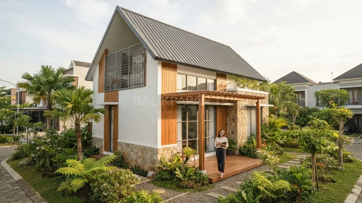 Fasad rumah Ukraina memadukan plester putih, kayu, batu alam, dan kaca dengan karakter hangat serta alami. (BTV/AI)