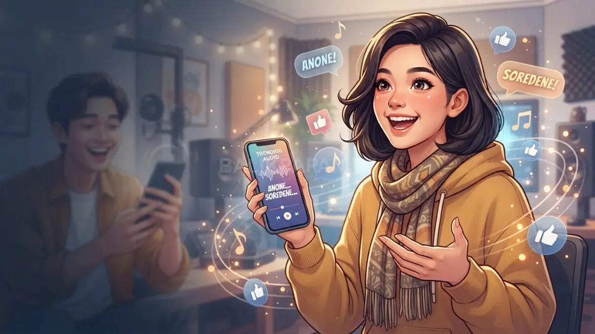 Ilustrasi karakter imut dengan ekspresi sedang bercakap mengikuti tren audio Anone Soredene. (BTV/AI)