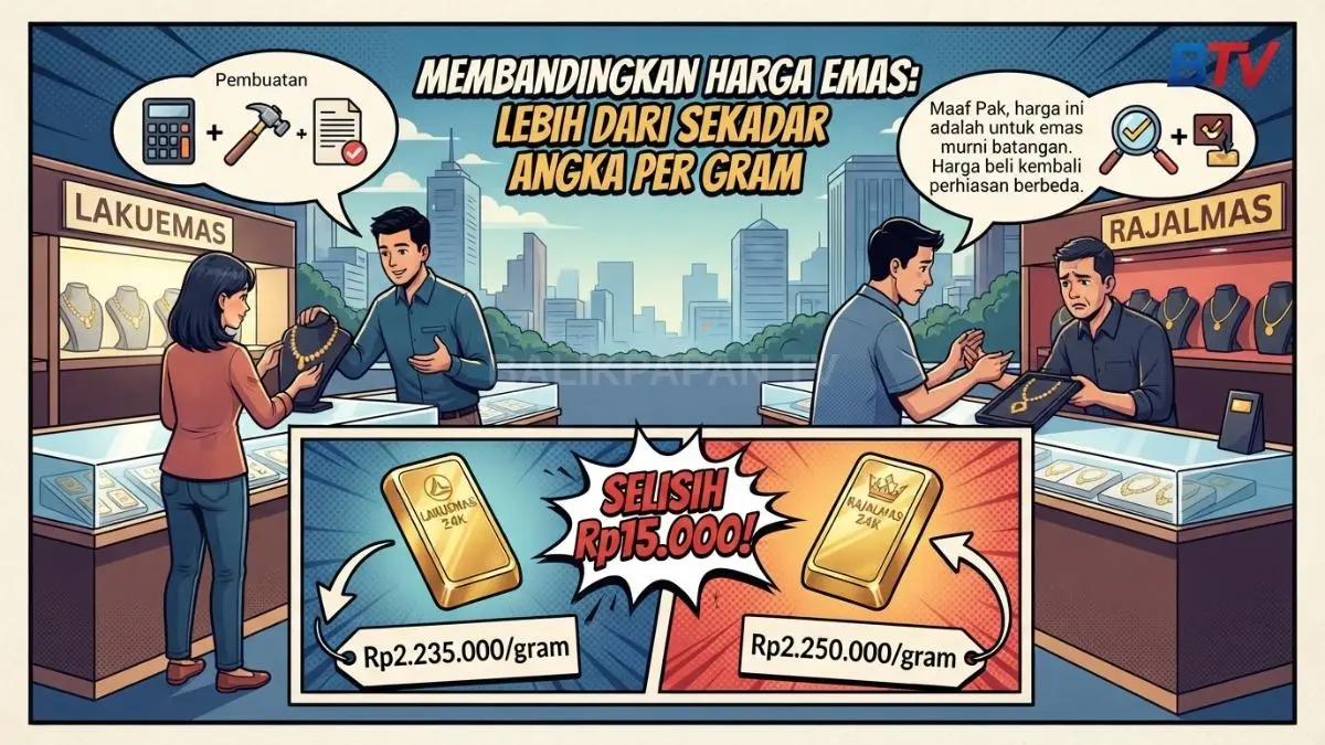 Perbandingan harga emas 24K Lakuemas dan Rajaemas menunjukkan selisih, namun transaksi dipengaruhi kadar biaya bentuk kebijakan [BTV:AI]