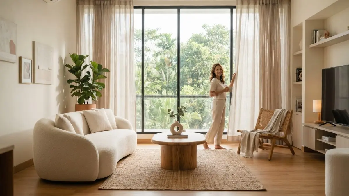 Ruang tamu modern organic dengan jendela besar, tirai linen, sofa krem, meja kayu, dan cahaya alami hangat. (BTV/AI)