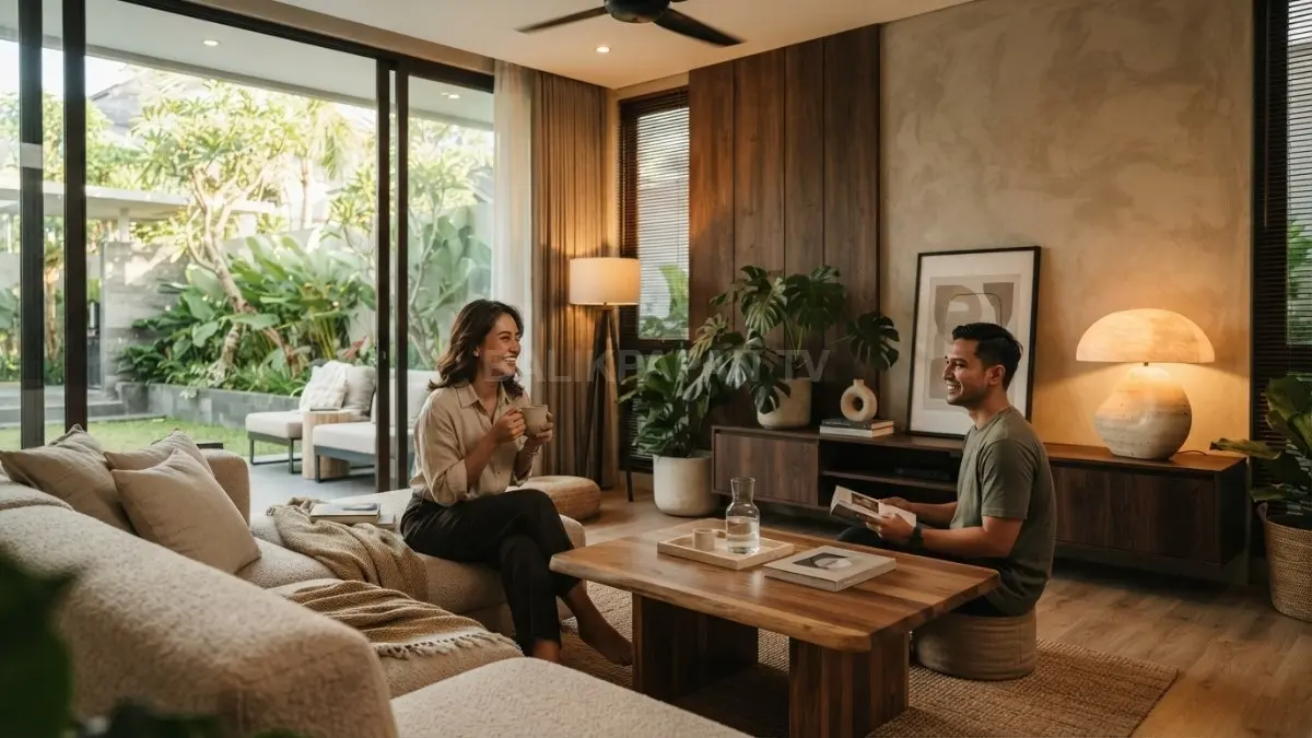 Ruang tamu modern organic memadukan sofa beige, kayu gelap, batu travertine, dan pencahayaan hangat elegan (BTV/AI)
