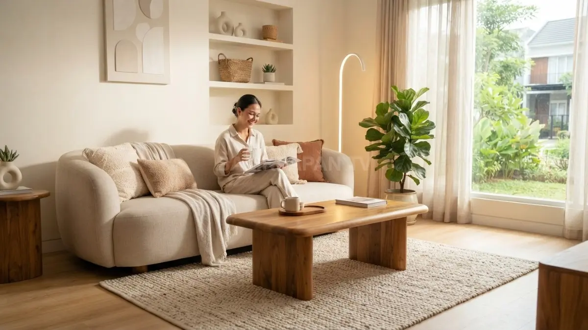 Ruang tamu modern organic memadukan sofa krem, meja kayu, karpet tekstur, tanaman, dan pencahayaan hangat (BTV/AI)