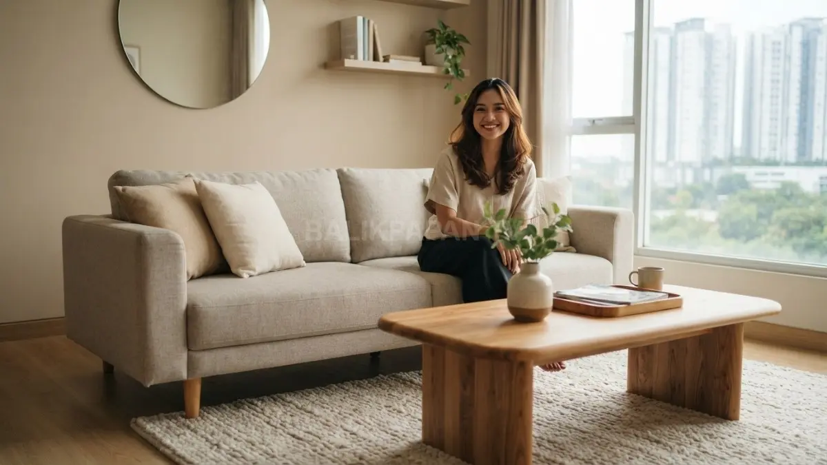 Ruang tamu modern organic memadukan sofa krem, meja kayu natural, karpet tekstur, dan dekorasi sederhana. (BTV/AI)