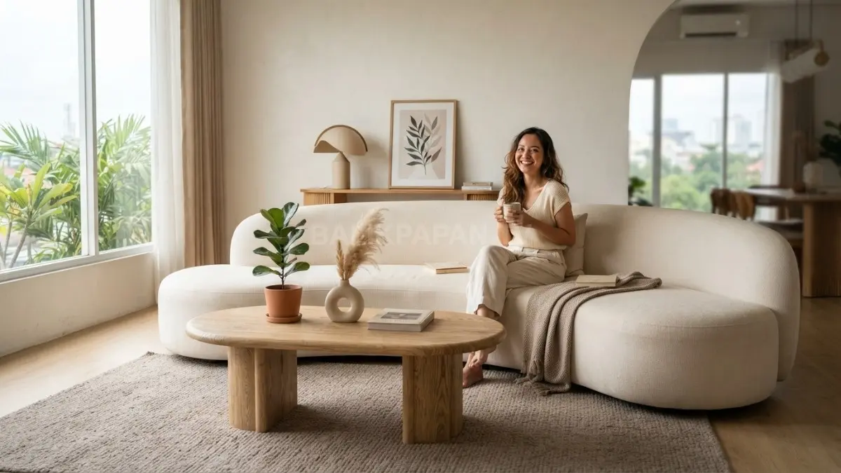 Ruang tamu modern organic memadukan sofa lengkung, meja kayu, karpet taupe, dan tanaman hijau. (BTV/AI)