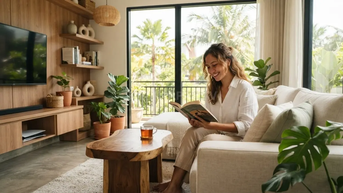 Ruang tamu modern organic memadukan sofa linen, meja kayu, karpet bertekstur, dan pencahayaan hangat alami (BTV/AI)
