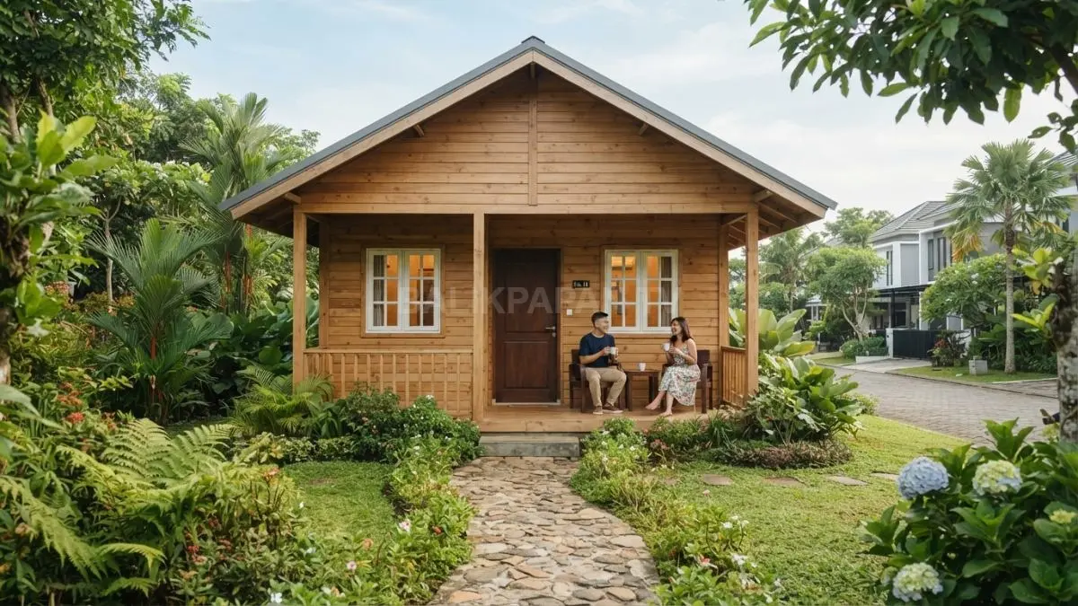 Rumah kayu bergaya Belarus dengan atap pelana, teras depan, dan taman sederhana menghadirkan suasana hangat khas Eropa Timur. (BTV/AI)
