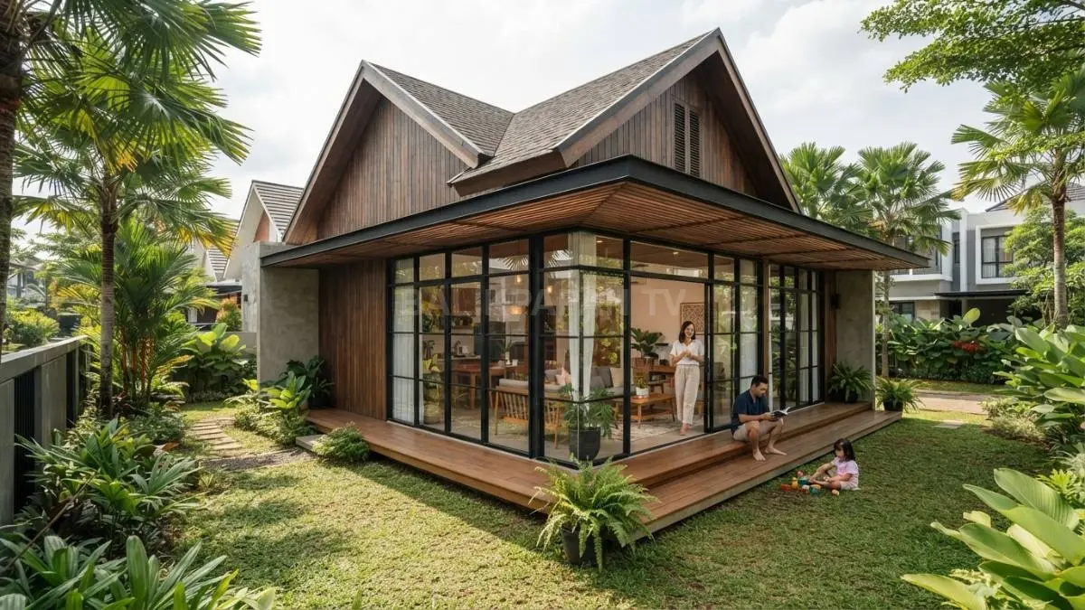 Rumah log modern Belarus memadukan kayu alami, kaca besar, dan taman untuk menghadirkan hunian hangat, terang, kontemporer (BTV/AI)