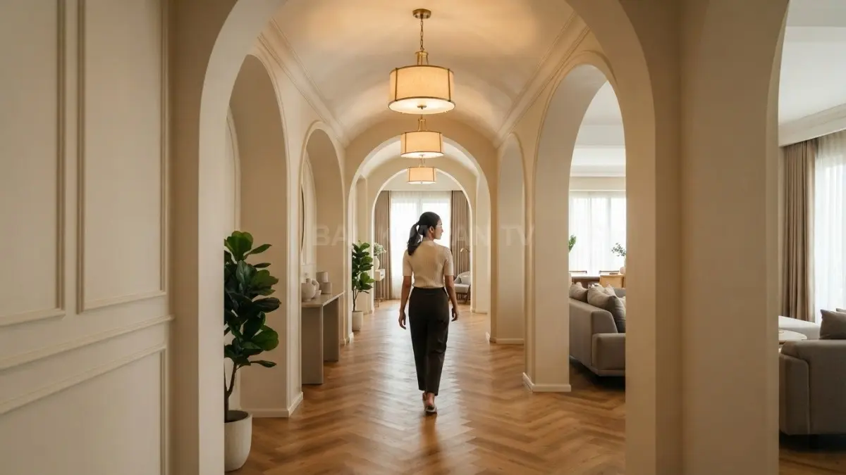Archway krem dan plafon barrel-vault berpadu lantai kayu serta lampu brass, menciptakan koridor Transitional hangat dan elegan. (BTV/AI)