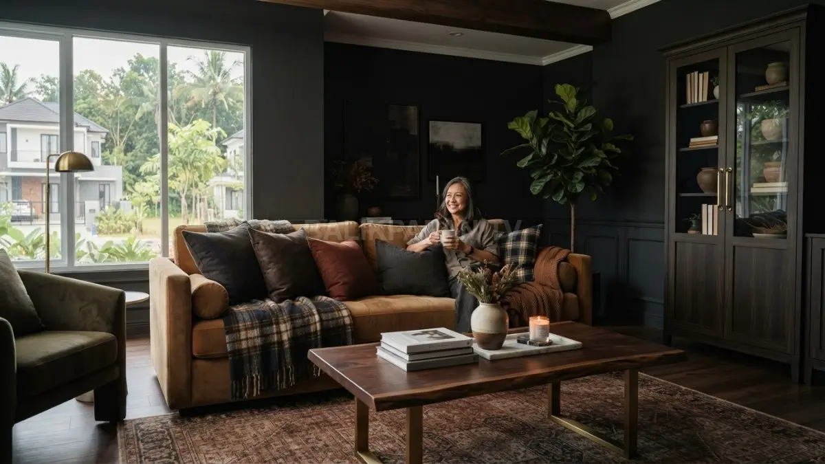 Bantal plaid dan layer warna gelap memperkaya sofa velvet, menciptakan ruang keluarga moody yang hangat dan elegan. (BTV/AI)