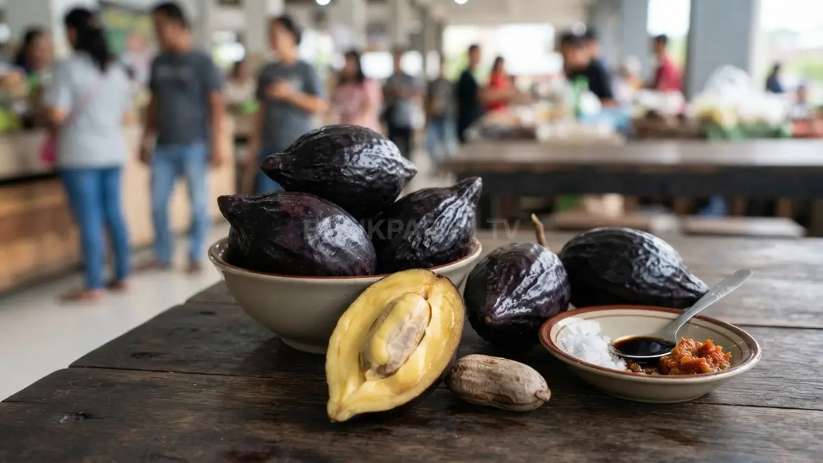 Buah dabai matang berkulit ungu kehitaman, berdaging kekuningan, lembut, dan gurih khas Borneo setelah direndam air hangat. (BTV/AI)