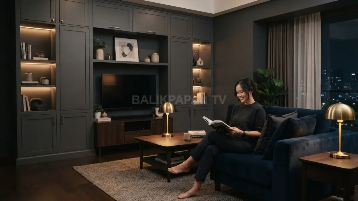 Built-in shaker cabinet warna charcoal berpadu aksen kuningan dan pencahayaan hangat menciptakan ruang keluarga elegan berkarakter klasik-modern. (BTV/AI)