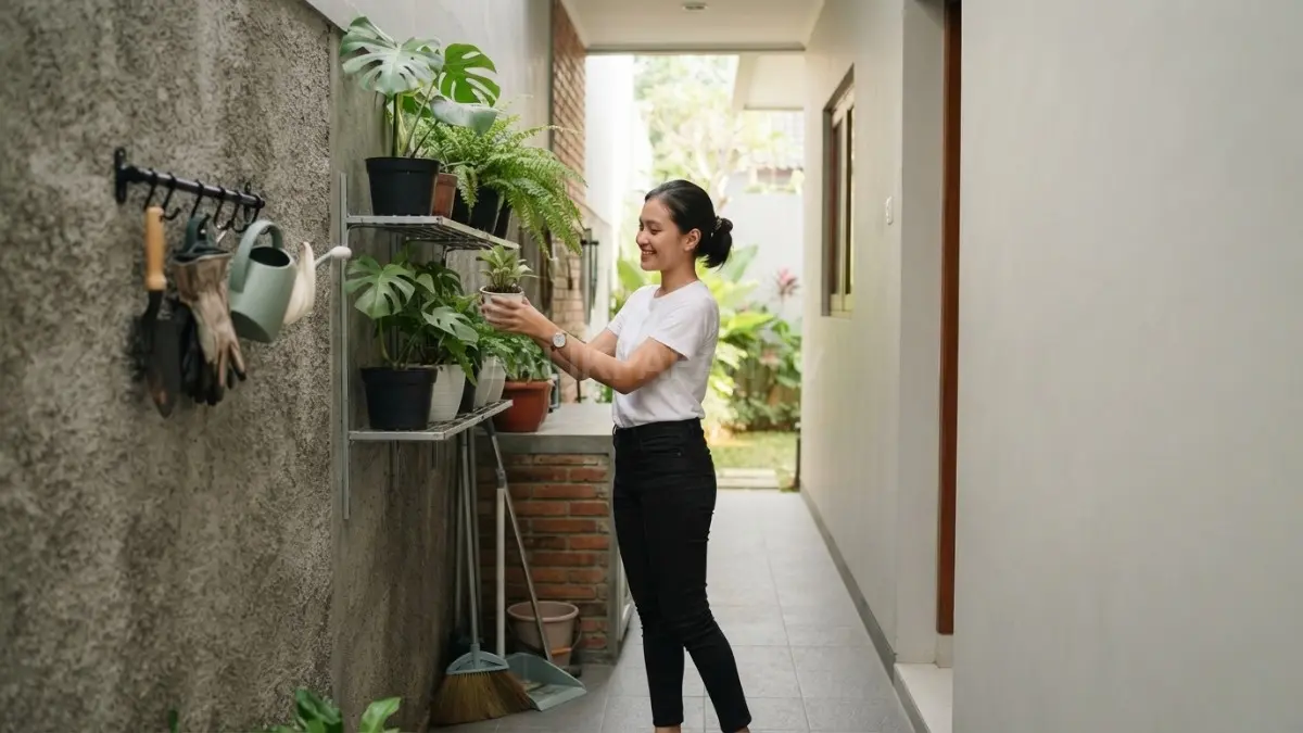Celah 90 sentimeter dimanfaatkan sebagai koridor multifungsi dengan tanaman, rak kebun, dan area servis rumah. (BTV/AI)