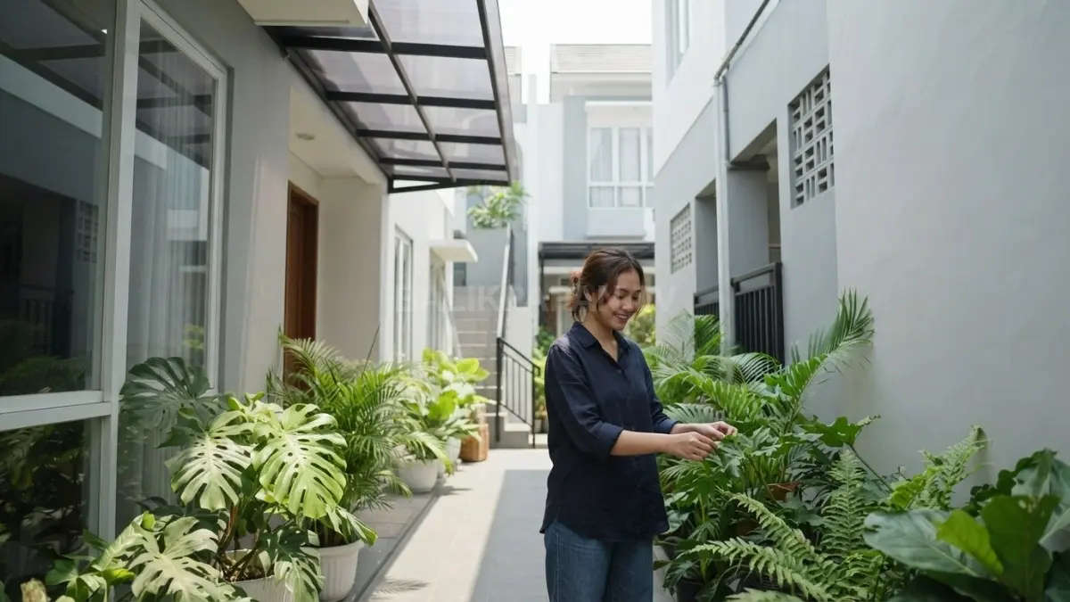 Celah 90 sentimeter dimanfaatkan sebagai ruang terbuka untuk pencahayaan alami, sirkulasi udara, dan area perantara rumah. (BTV/AI)
