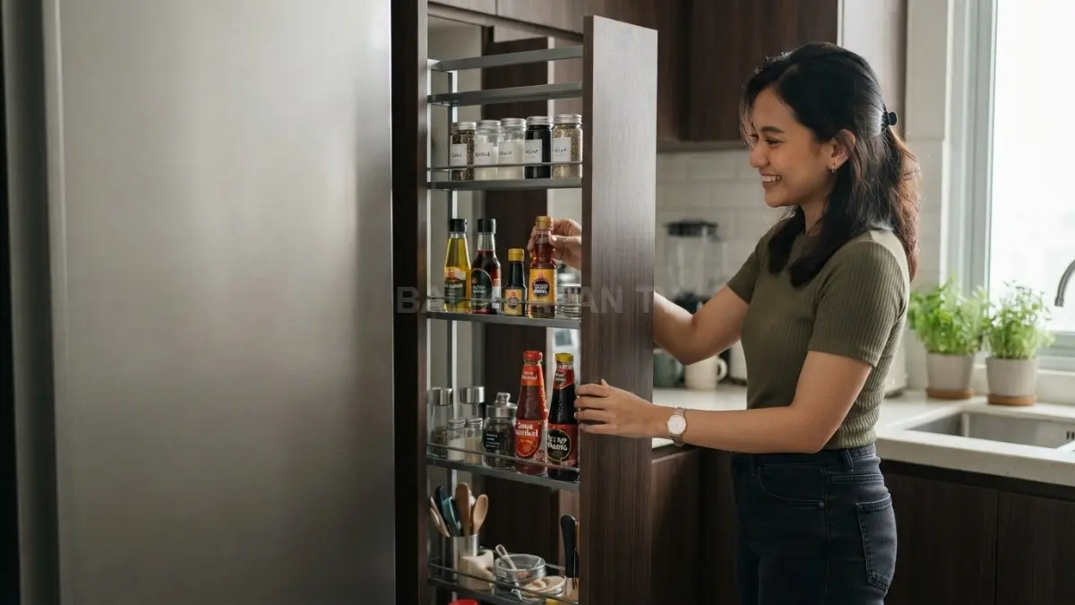 Celah sempit 12 sentimeter dapat menyimpan perlengkapan kecil berdasarkan fungsi agar ruang tetap rapi dan mudah dicari. (BTV/AI)