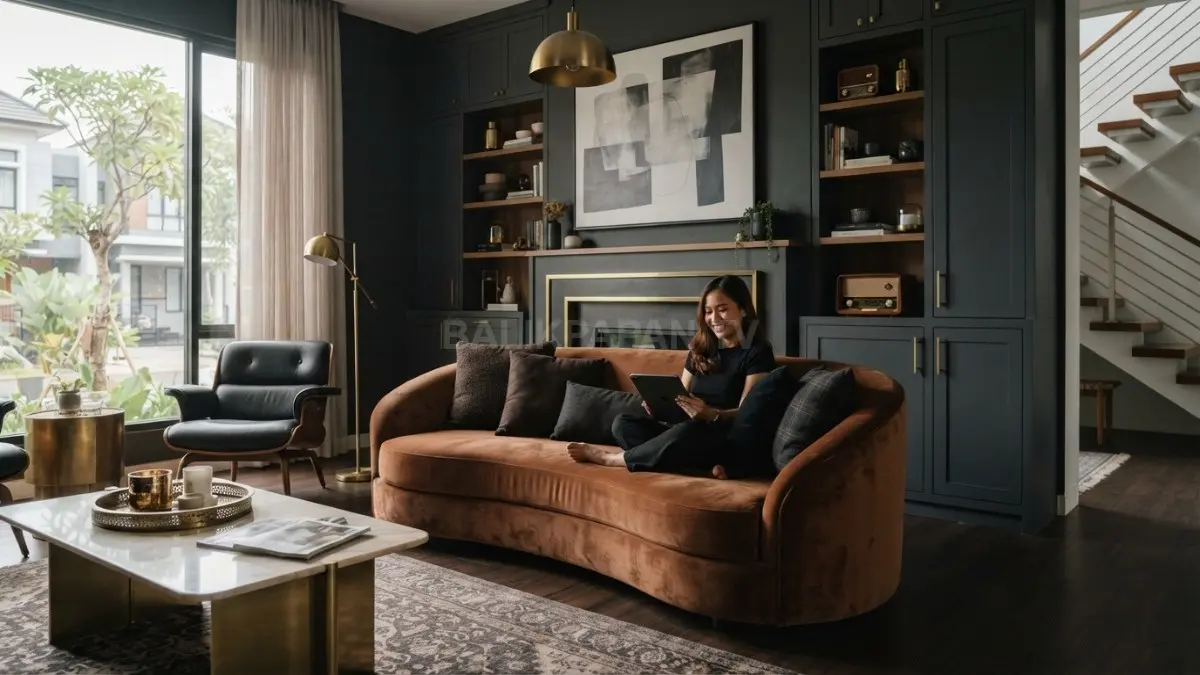 Charcoal dan sofa velvet cokelat menciptakan ruang keluarga Transitional Dark Moody yang hangat, elegan, dan berkarakter (BTV/AI)