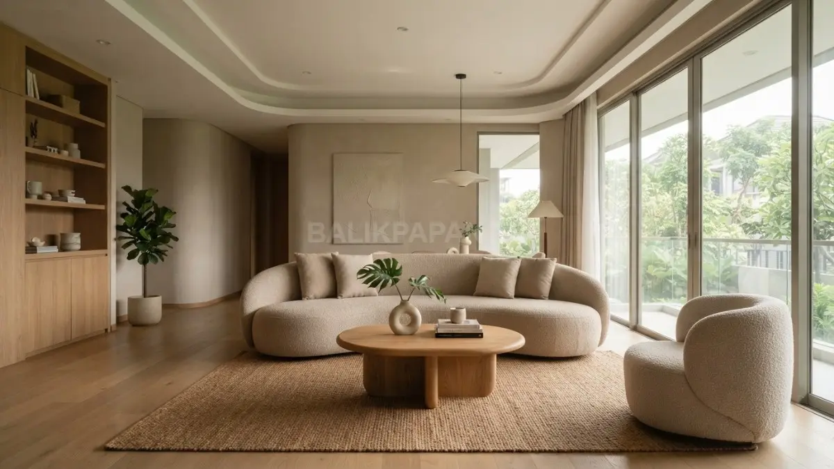 Desain interior ruang tamu modern bernuansa hangat dengan pencahayaan alami yang menenangkan dan estetis. (BTV/Ai)
