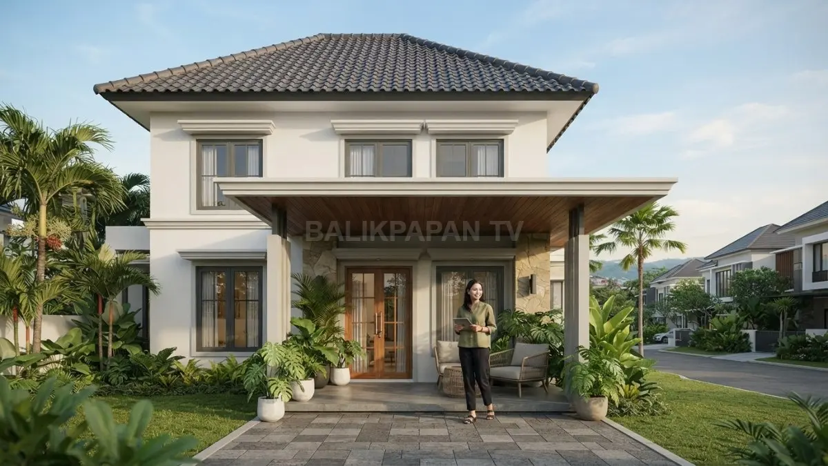 Fasad minimalis bergaya Eropa berpadu atap limas dan teras Nusantara, menciptakan hunian tropis elegan nyaman. (BTV/AI)