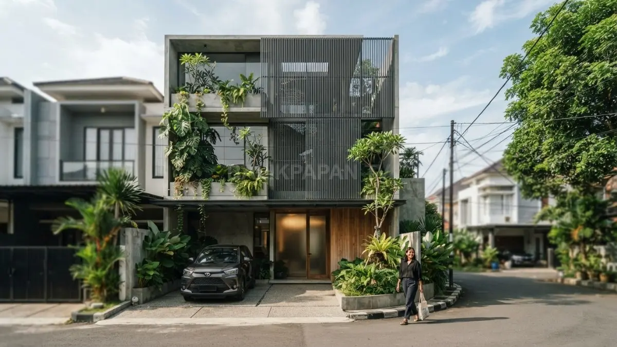 Fasad rumah minimalis modern memakai kisi-kisi berlapis untuk menciptakan privasi, bayangan, ventilasi, dan karakter visual menarik. (BTV/AI)