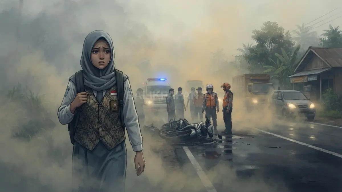 Ilustrasi Kabut asap mengganggu jarak pandang hingga kecelakaan menewaskan siswi SMKN 1 Cempaga Hulu. (BTV/AI)