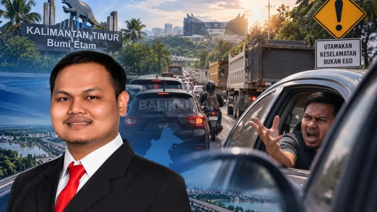 Ilustrasi konflik antar-pengendara di jalan raya yang menggambarkan fenomena road rage.