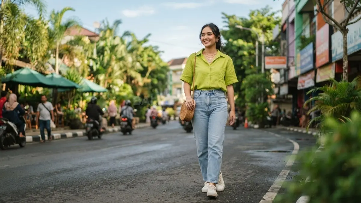 ilustrasi Outfit kasual bernuansa tropis dengan atasan warna lime dipadukan celana denim dan aksesori netral. (BTV/AI)