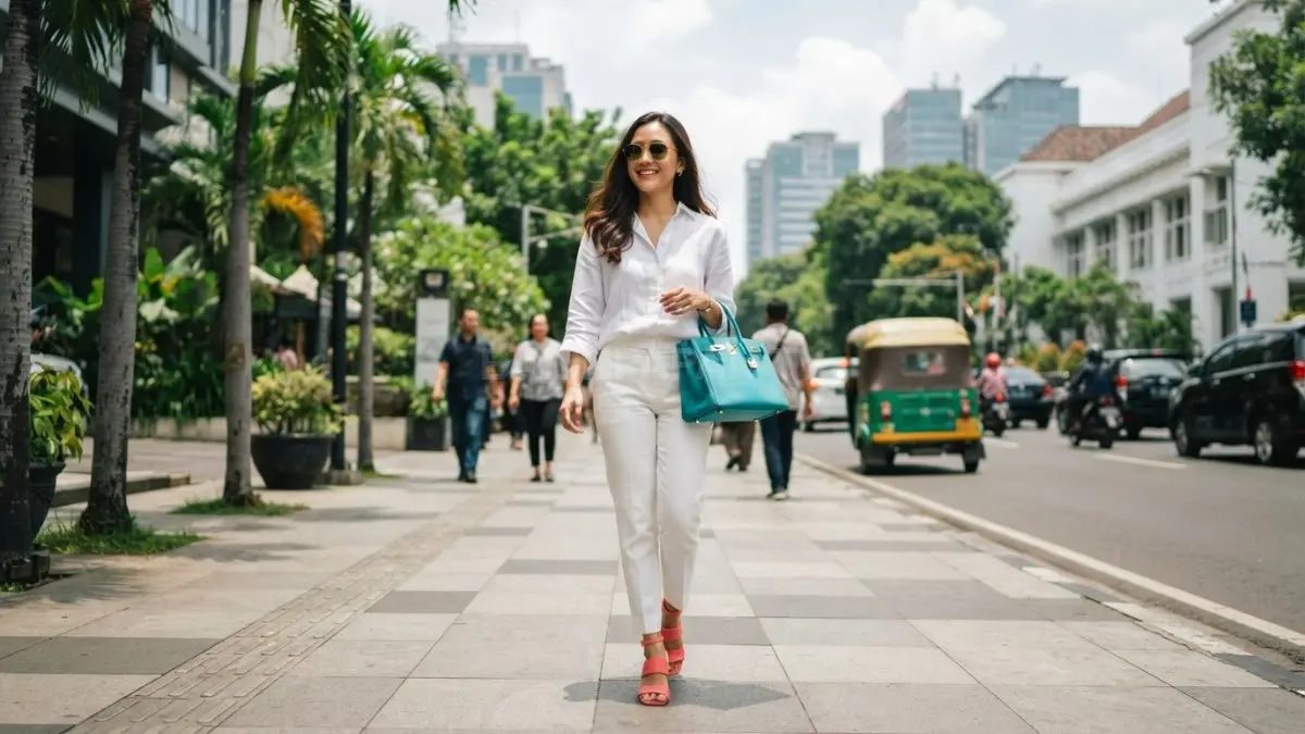Ilustrasi Padu padan outfit putih dengan tas turquoise dan sepatu warna coral sebagai statement piece. (BTV/AI)