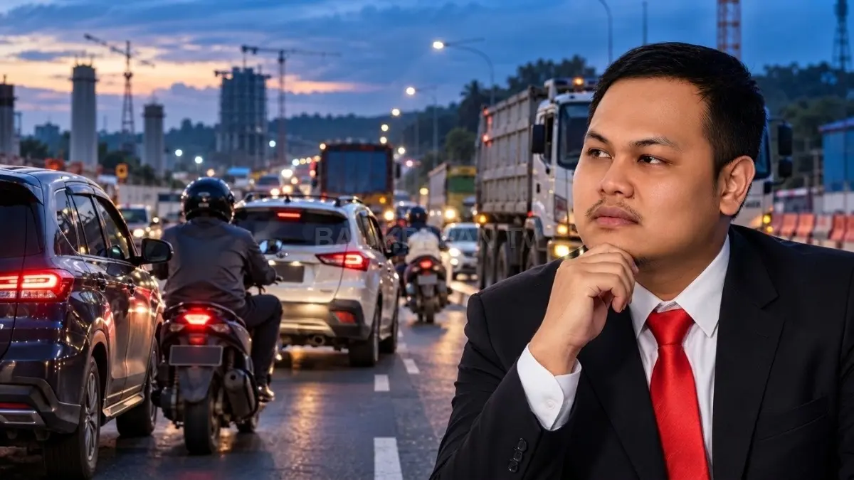 Jalan raya Kalimantan Timur dengan kendaraan ringan dan berat dalam satu ruang mobilitas.
