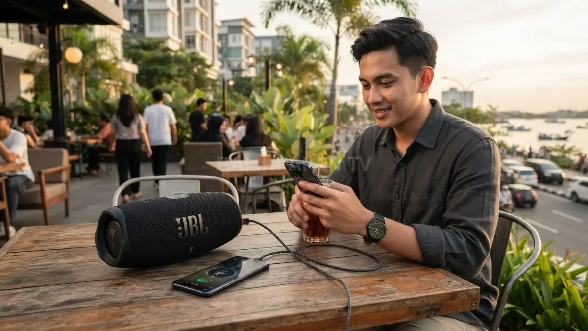 JBL Charge berfungsi sebagai speaker sekaligus powerbank untuk membantu mengisi daya smartphone saat baterai menipis. (BTV/AI)