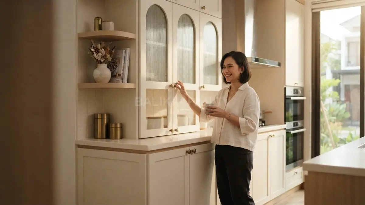 Kabinet shaker cream dengan aksen brass menghadirkan perpaduan klasik dan modern yang hangat, rapi, serta elegan. (BTV/AI)
