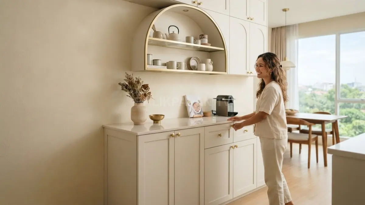 Kabinet shaker off-white dengan kenop brass menghadirkan tampilan klasik hangat, bersih, dan elegan dalam interior rumah. (BTV/AI)