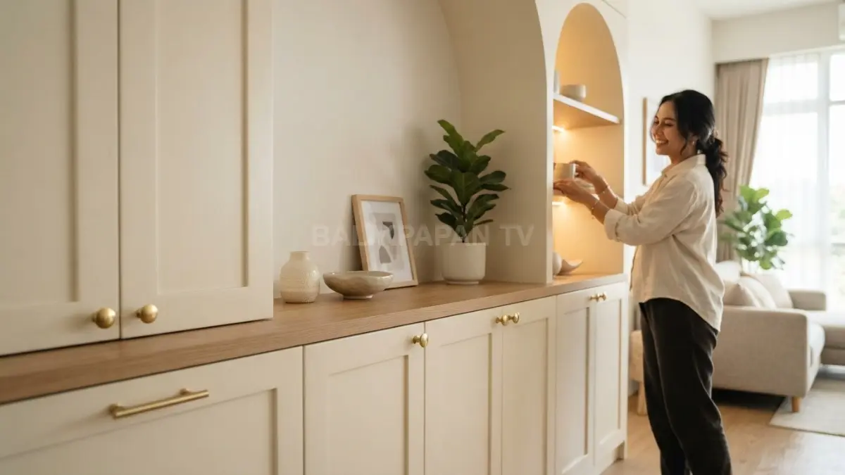 Kabinet shaker off-white dengan kenop brass menghadirkan tampilan klasik hangat yang elegan dan tetap fungsional (BTV/AI).