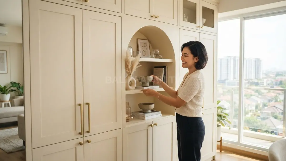 Kabinet Transitional berwarna cream dengan detail shaker, arch, brass, dan dekorasi minimal menghadirkan penyimpanan elegan, hangat, serta fungsional (BTV/AI).