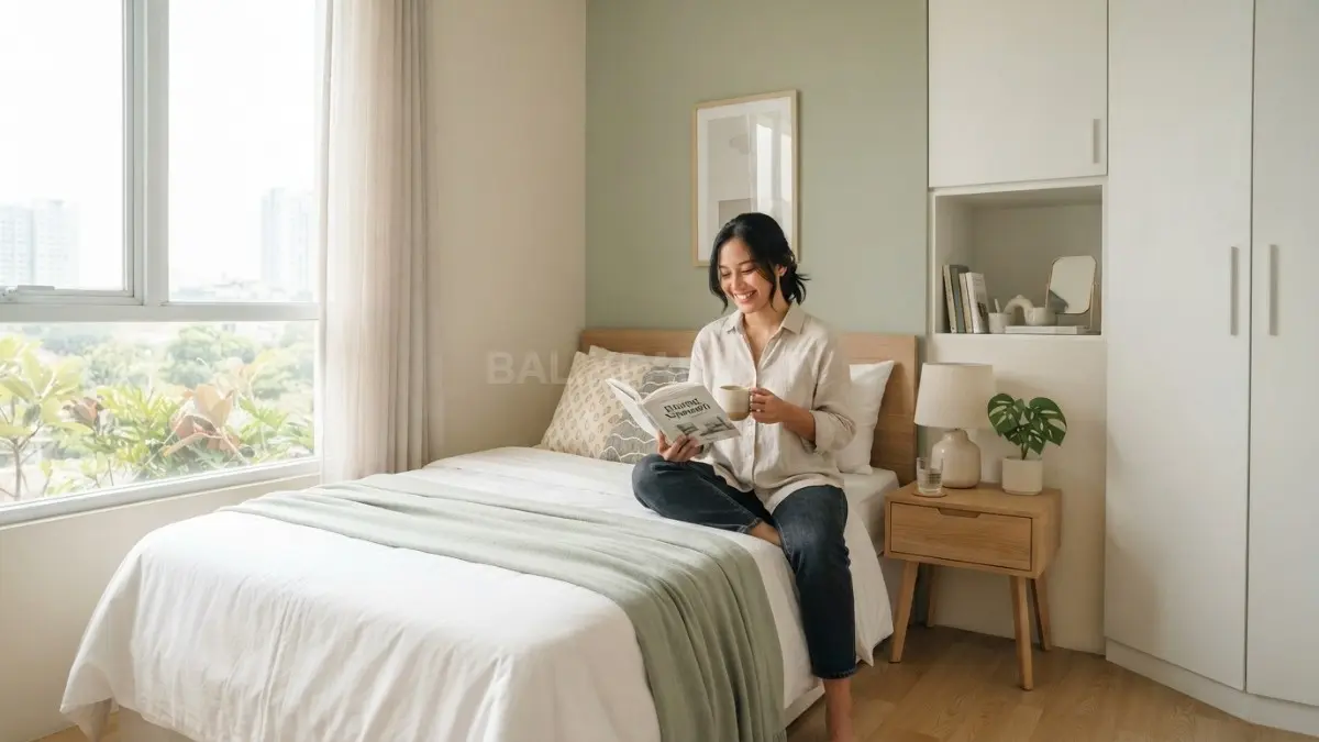 Kamar kecil terasa lebih lapang dengan warna terang, pencahayaan seimbang, dan perpaduan dekorasi harmonis. (BTV/AI)