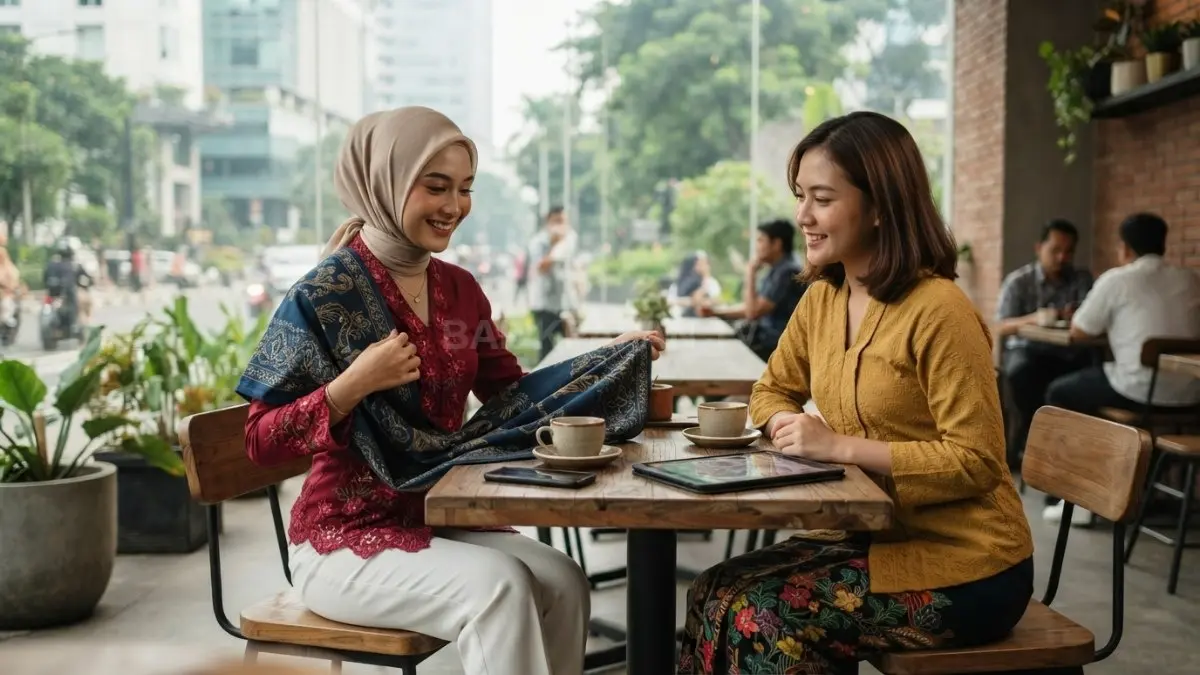 Kebaya Kutubaru dipadukan kain batik bermotif sederhana untuk menciptakan tampilan klasik, elegan, dan modern. (BTV/AI)