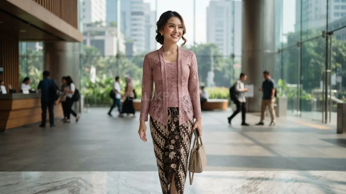 Kebaya Kutubaru tampil klasik dengan siluet khas, panel dada, dan perpaduan batik yang elegan (BTV/AI).
