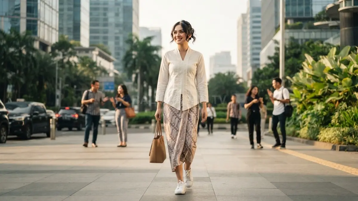 Kebaya modern tetap mempertahankan ciri klasik melalui warna lembut, bahan ringan, dan detail khas Kutubaru maupun Encim (BTV/AI)