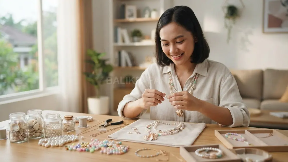 Kerajinan aksesori dari kerang, mutiara, dan manik-manik dirangkai kreatif menjadi kalung unik dengan teknik layering sederhana (BTV/AI)