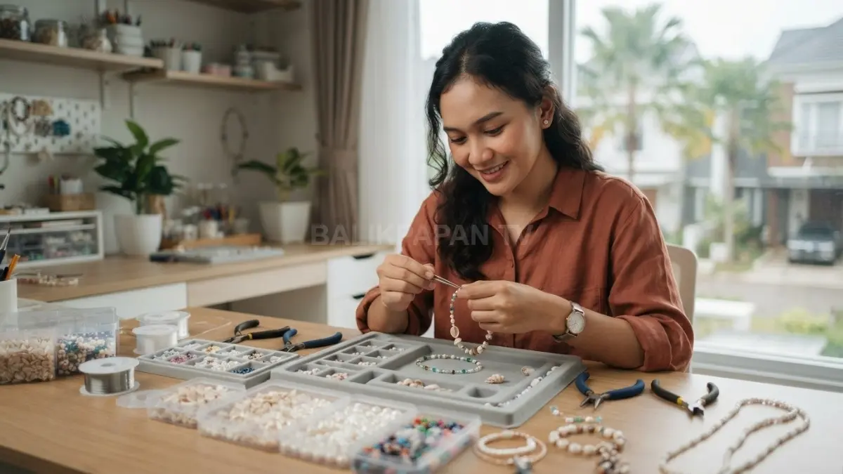 Kerang, mutiara, dan manik-manik dirangkai menjadi aksesori unik dengan pola warna menarik dan rapi (BTV/AI)