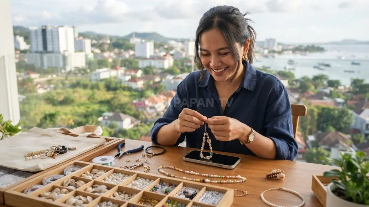 Kerang, mutiara, dan manik-manik dirangkai menjadi aksesori unik untuk mempercantik tas, ponsel, rambut, dan pakaian. (BTV/AI)