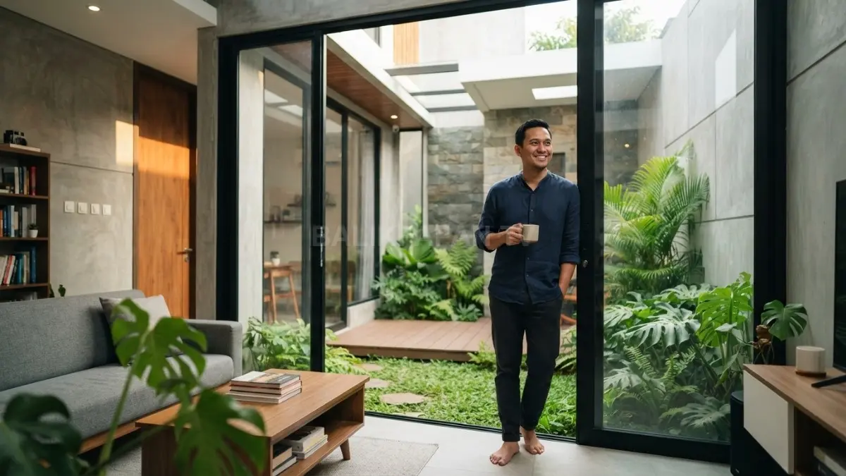 Kombinasi beton, kayu, kaca, dan tanaman menciptakan fasad rumah minimalis modern yang hangat dan alami (BTV/AI)